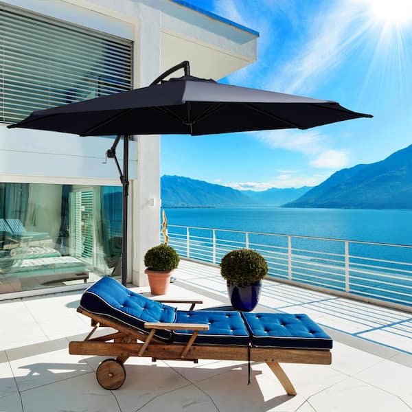 10 ft. Cantilever Hanging Steel Offset Outdoor Patio Umbrella with Cross Base in Navy