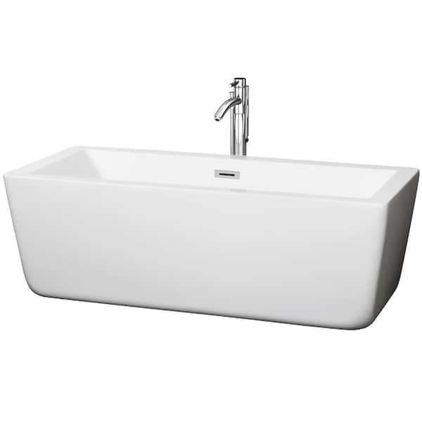 Wyndham Collection Laura 66.5 in. Acrylic Flatbottom Center Drain Soaking Tub in White with Floor Mounted Faucet in Chrome