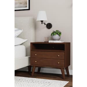 Flynn 2-Drawer Large Walnut Nightstand (26 in. H x 28 in. W x 15 in. D)