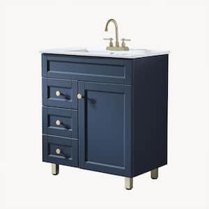 30 in. W x 18 in. D x 34 in. H Bathroom Vanity in Dark Blue with White Ceramic Sink Top Single Sink in White