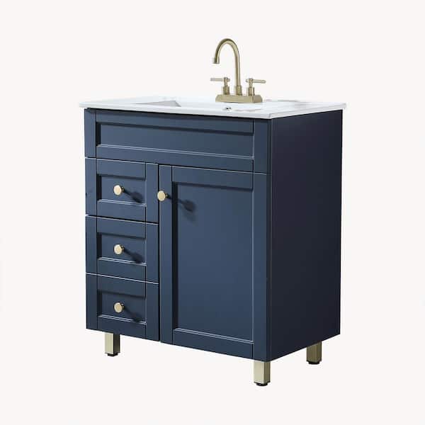 VC CUCINE 30 in. W x 18 in. D x 34 in. H Bathroom Vanity in Dark Blue with White Ceramic Sink Top Single Sink in White