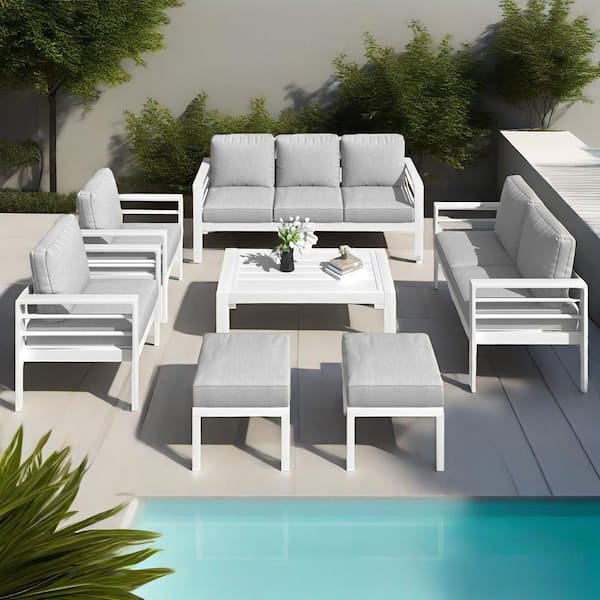 Sudzendf 7-Piece Aluminum Outdoor Sectional Set with Gray Cushions, Patio Conversation Sofa Set for Garden, Backyard, Poolside