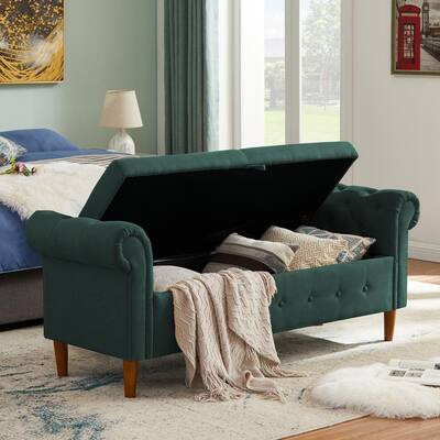Green Linen 2-Rolled Arm Chaise Lounge with Storage