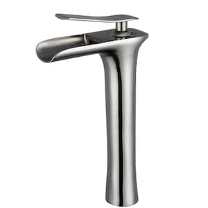 Single Handle Waterfall Bathroom Vessel Sink Faucet Modern Single Hole Brass High Tall Bathroom Faucet in Brushed Nickel