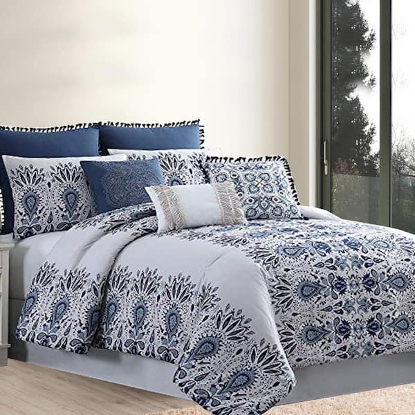 THE URBAN PORT Constana 8-Piece Blue and White Floral Print Cotton King Comforter Set