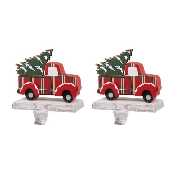 Glitzhome 6.12 in. H Wooden/Metal Red Truck Stocking Holder (2-Pack)