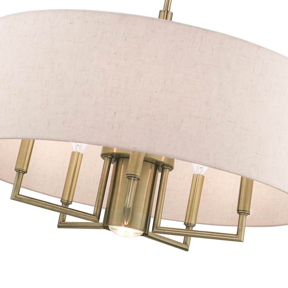 Antique Brass 6-Light Pendant Chandelier with Oatmeal Shade
