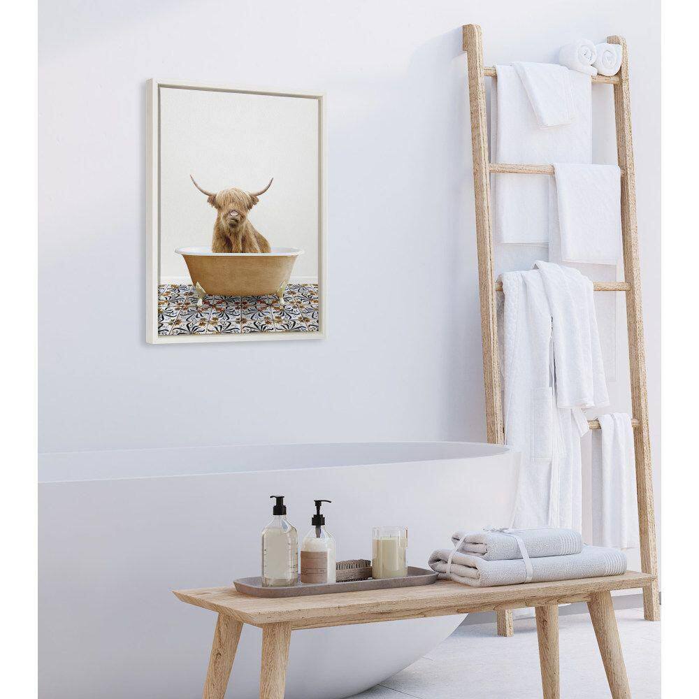 Whimsical Highland Cow in Bathtub Canvas Print, 18x24, White Frame