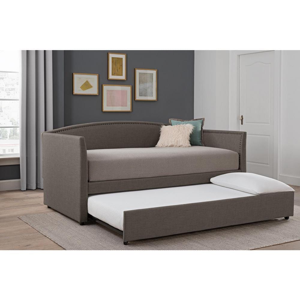 Gray Linen Twin Daybed with Trundle and Nailhead Trim
