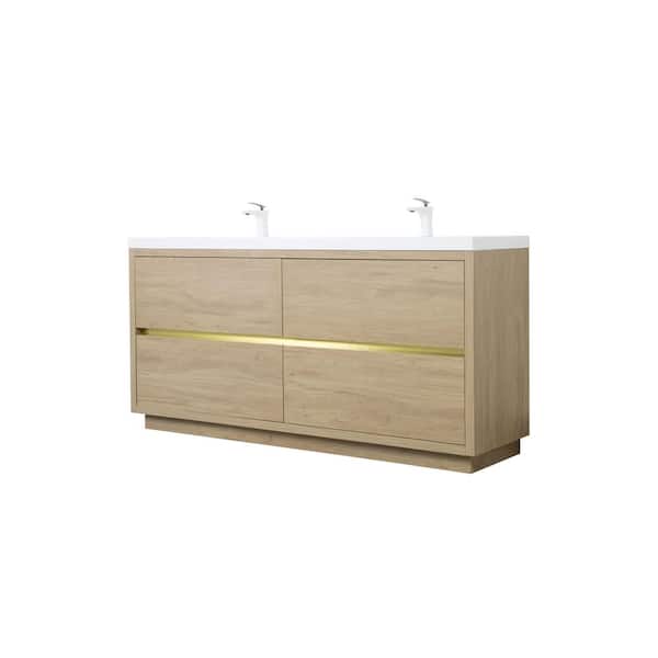 Velta 70.8 in. Double Sinks Modern Freestanding Natural Oak Bath Vanity with White Resin Top, Cabinet, Drawers