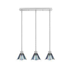 Albany 60-Watt 3-Light Brushed Nickel Linear Pendant Light with Sea Ice Art Glass Shades and No Bulbs Included