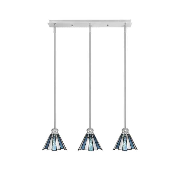Unbranded Albany 60-Watt 3-Light Brushed Nickel Linear Pendant Light with Sea Ice Art Glass Shades and No Bulbs Included