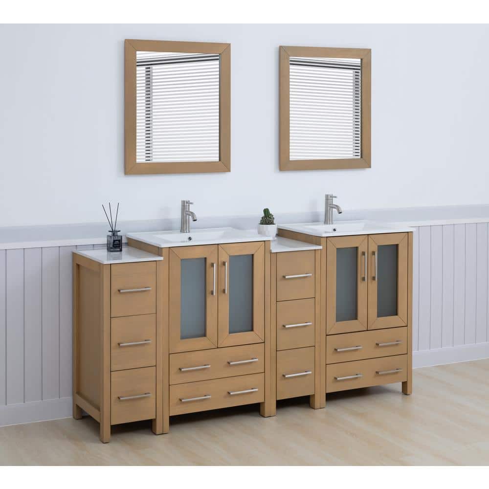 Natural Oak Double Sink Freestanding Bathroom Vanity Set with Ceramic Top and Mirror