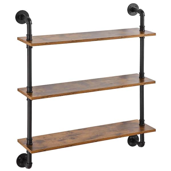 VEVOR Industrial Pipe Shelf 3 Tier 8.07 in. W x 32.68 in. D Brown Wood Solid Decorative Wall Shelf Rustic Wood Shelves Bracket