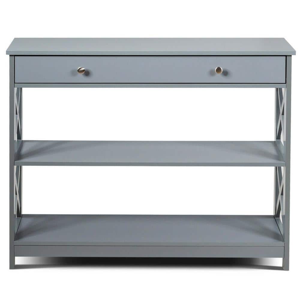 39 in. Gray Rectangle Wood Console Table with Drawer and Storage Shelves