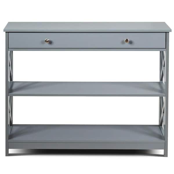 Boyel Living 39 in. Gray Rectangle Wood Console Table with Drawer and Storage Shelves