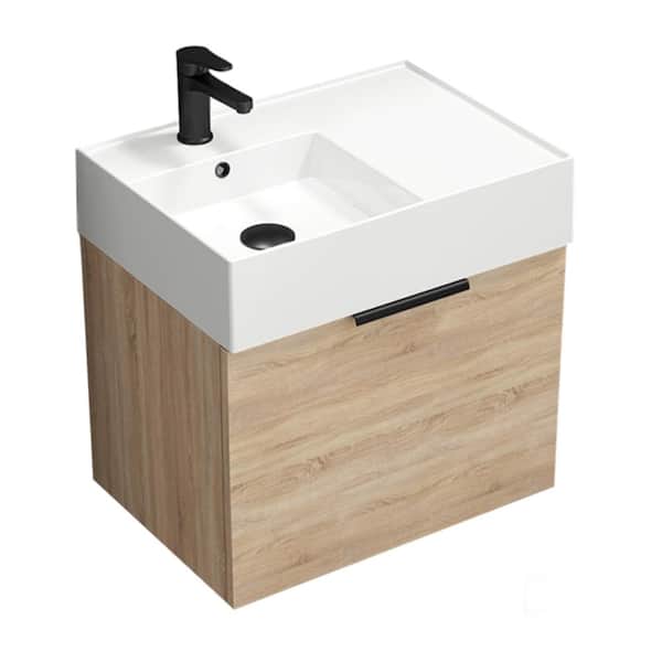 Derin 23.6 in. W x 17.3 in. D x 25.19 in. H Modern Bathroom Vanity in Brown Oak With White Ceramic Top