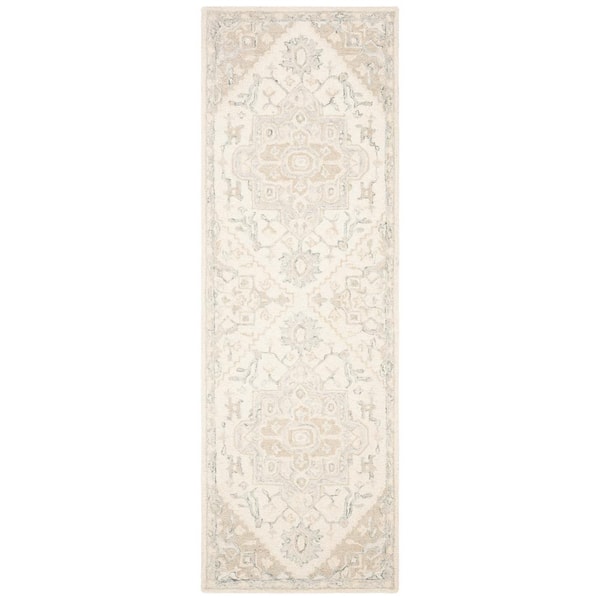 Micro-Loop Ivory/Beige 2 ft. x 17 ft. Floral Medallion Runner Rug