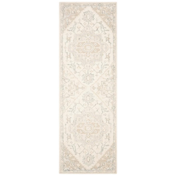 SAFAVIEH Micro-Loop Ivory/Beige 2 ft. x 19 ft. Floral Medallion Runner Rug