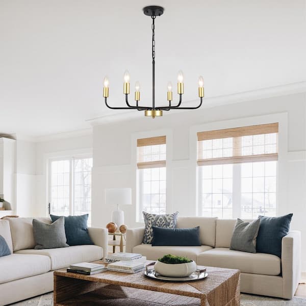 6 Light Matte Black and Brass Farmhouse Classic Chandelier for Living Room Bedroom No Bulbs Included