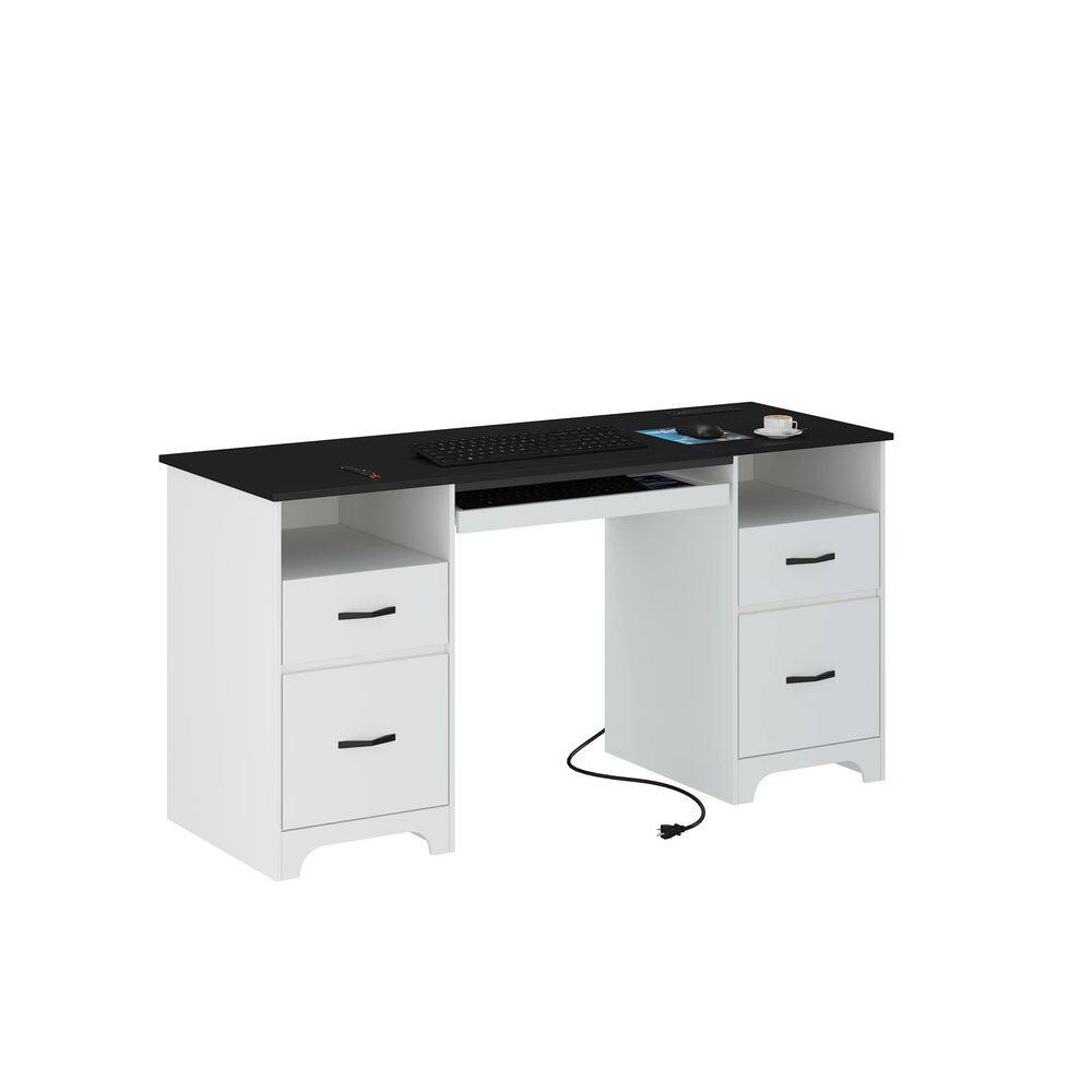 59" Rectangular Black White Computer Desk with Drawers and Power Outlet, Home Office Desk with Keyboard Tray