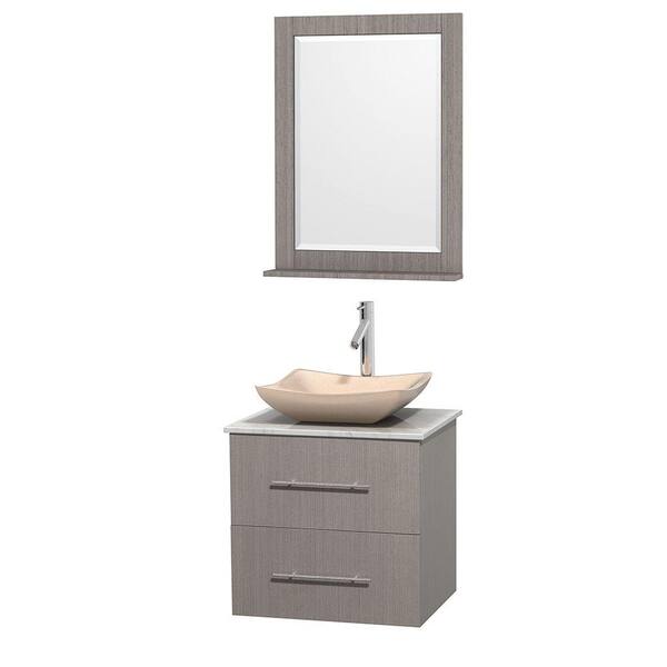 Wyndham Collection Centra 24 in. Vanity in Gray Oak with Marble Vanity Top in Carrara White, Ivory Marble Sink and 24 in. Mirror