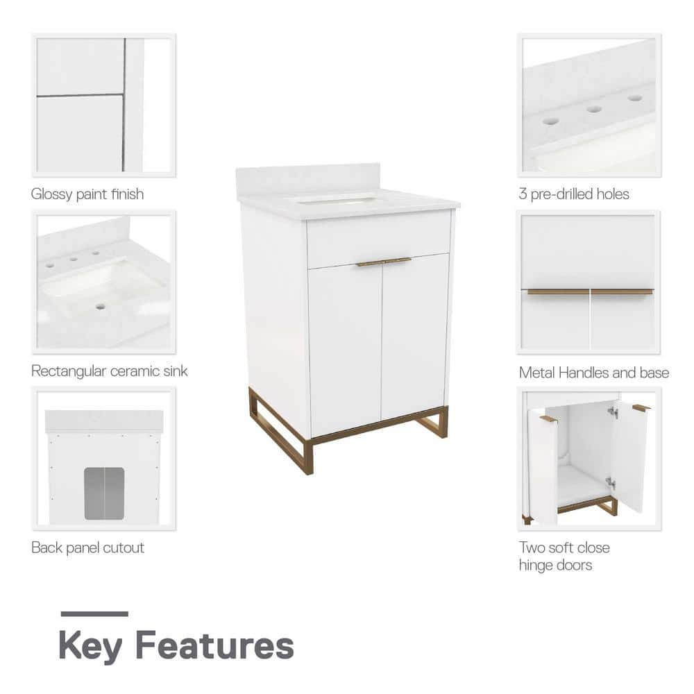 Leona 24" White and Gold Freestanding Bathroom Vanity