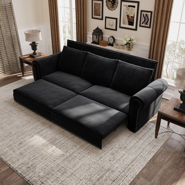 Modern 93.7 in. Black Velvet Upholstery King Size Pull Out Sofa Bed with Nailhead Trim