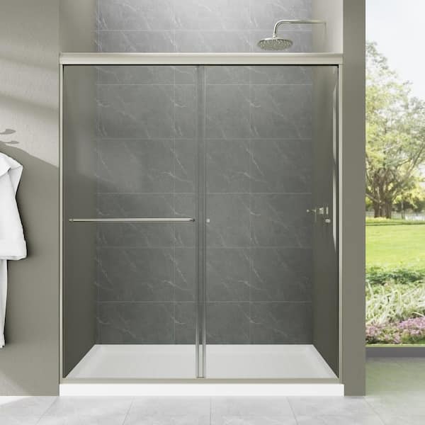 JimsMaison 60 in. W x 70 in. H Sliding Semi-Frameless Shower Door in Brushed Nickel Finish with Tempered Glass