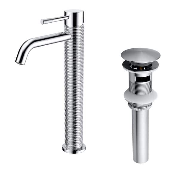 Single Handle Vessel Sink Faucet with Pop-Up Drain, Single Hole Tall Bathroom Sink Faucet in Chrome