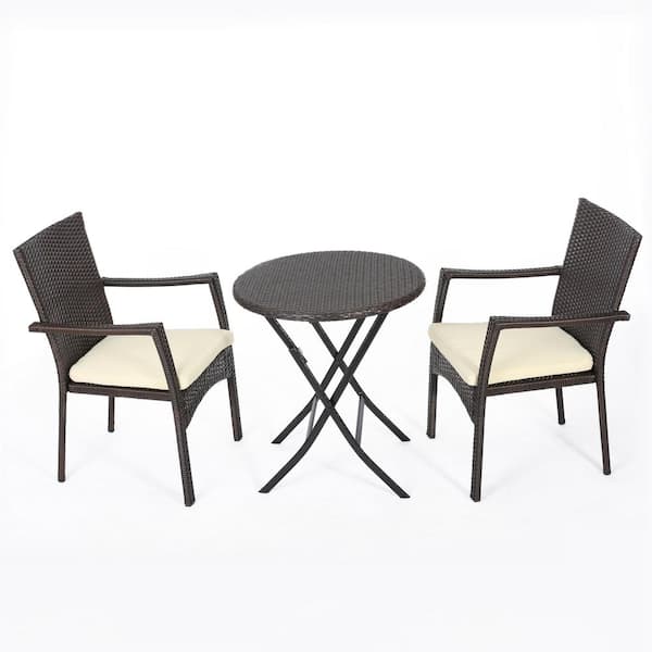 Outdoor 3 -Piece Brown Metal Outdoor Bistro Set with Beige Cushions