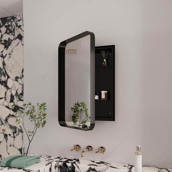 Unbranded 16 in. W x 24 in. H Rectangular Black Metal Framed Medicine Cabinet with Mirror and Adjustable Shelves