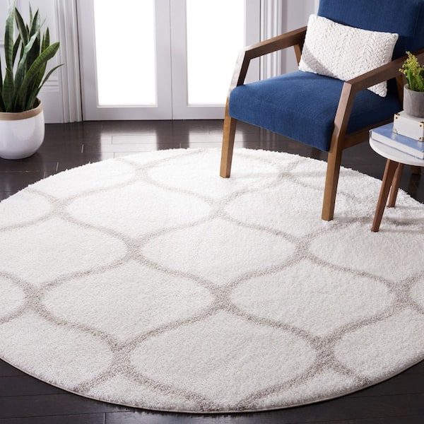 Tahoe Shag 7 ft. x 7 ft. White/Silver Trellis Modern Round Area Rug