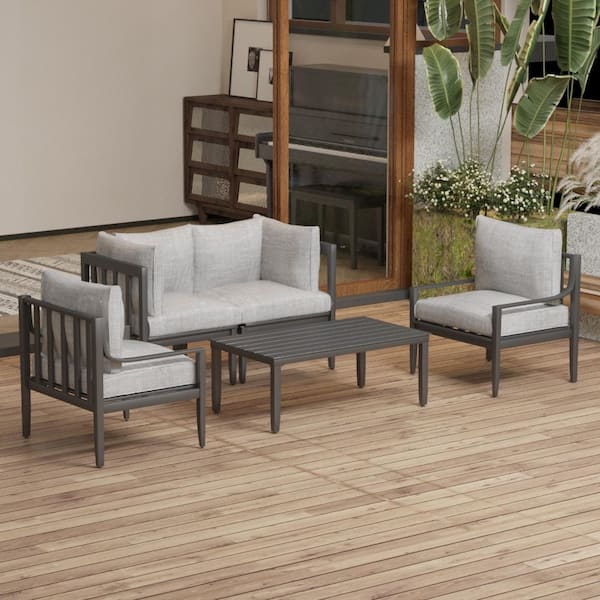 Unbranded 5-Piece Outdoor Conversation Set, Sofa with Armchairs and Coffee Table, All-Weather Aluminum Frame with Thick Cushions