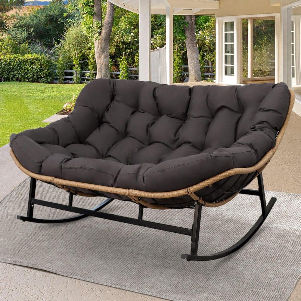 Oversized PE Wicker Double Outdoor Rocking Chair 2-Person 700 lbs. Papasan 