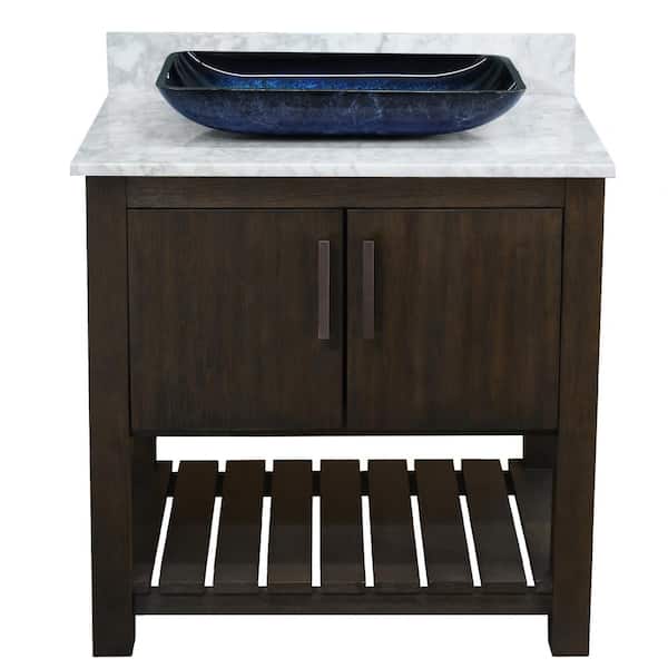 Novatto Ocean Breeze 31 in. W x 22 in. D x 31 in. H One Blue Black Sink ORB Drain Bath Vanity in Cafe w/Carrara White Marble