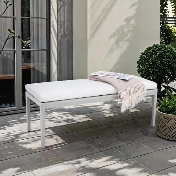 wayofatry Outdoor Bench with White Cushion, Patio Aluminum Stationary Ottoman