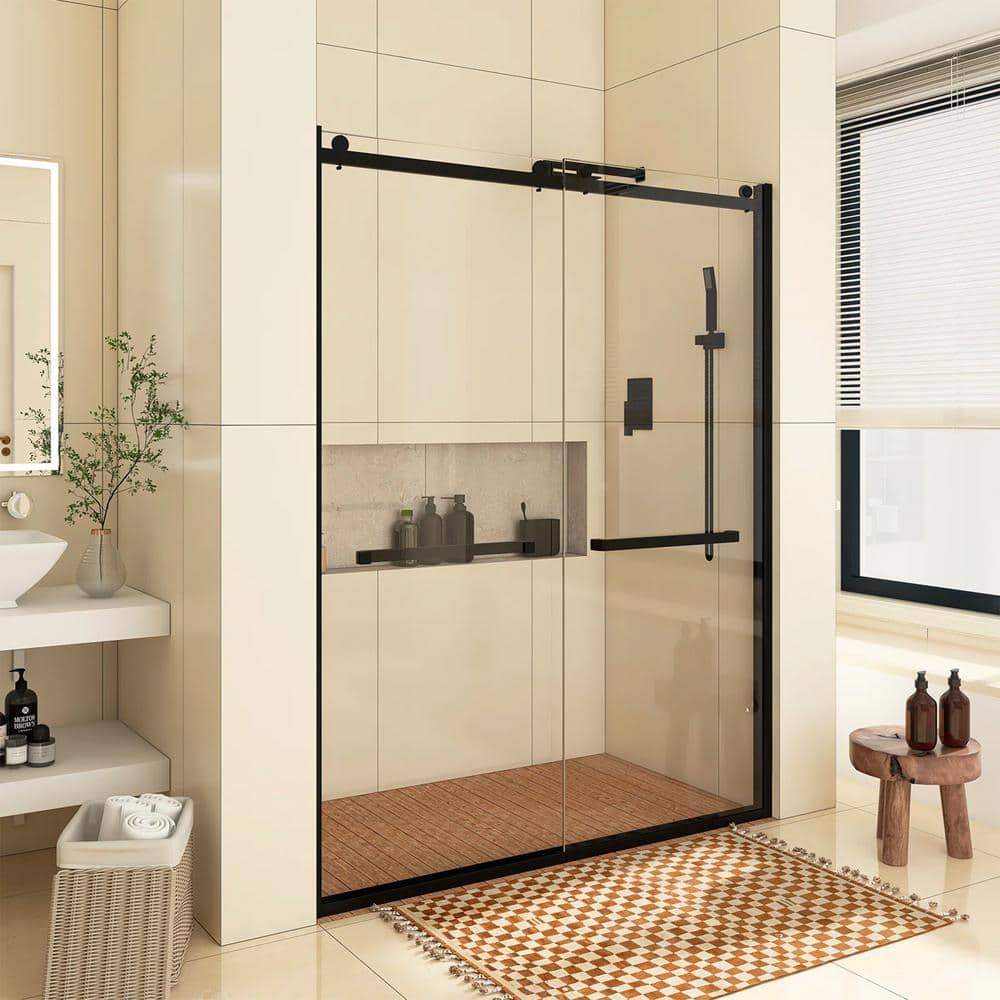 60-Inch Matte Black Frameless Sliding Shower Door with Clear Glass