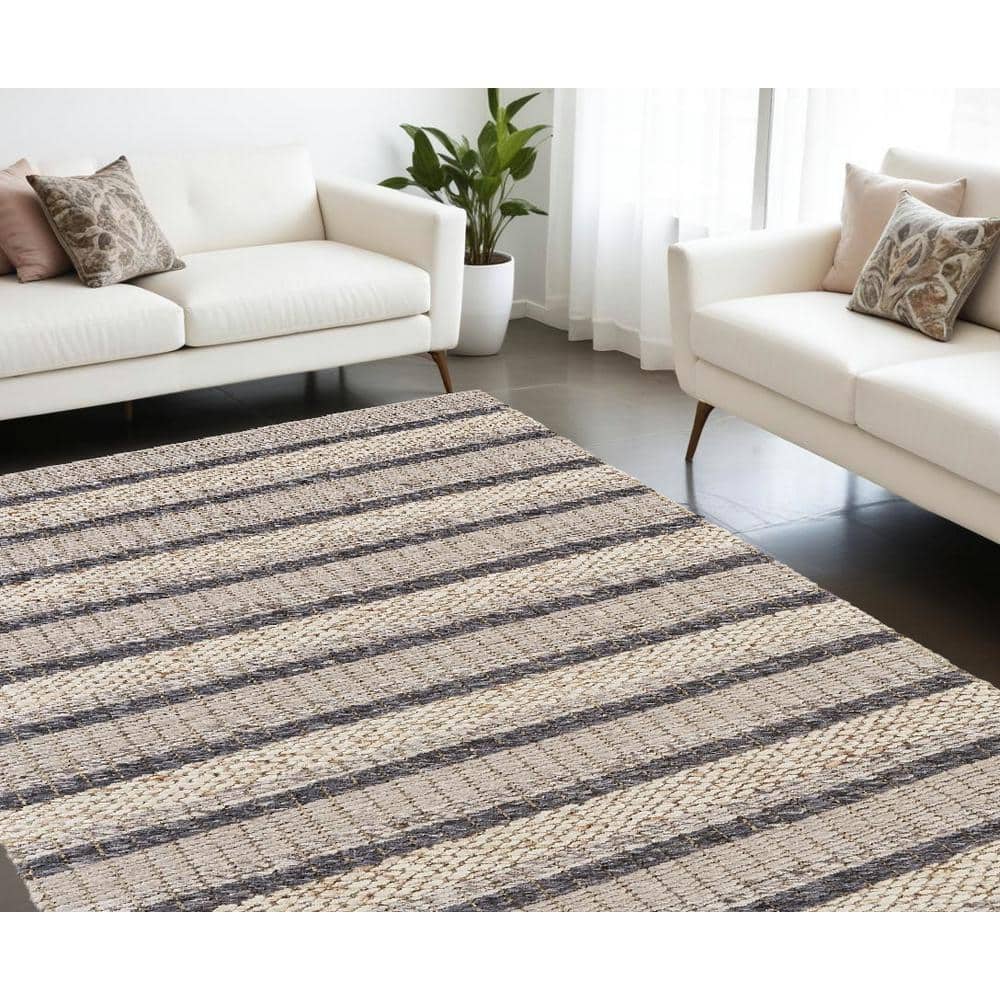 Handmade Gray and Beige Wool Striped Area Rug 3'6" x 5'6"