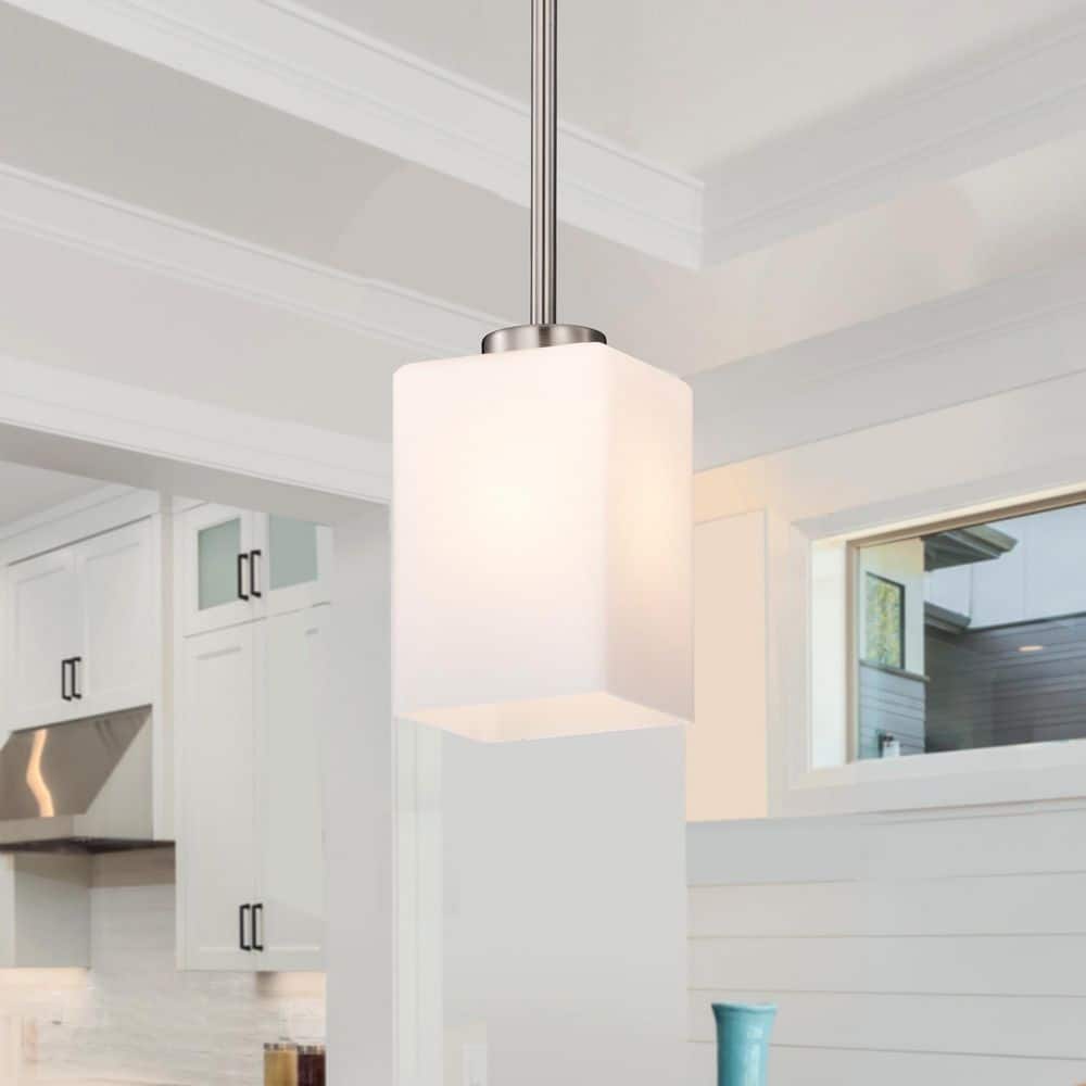 1-Light Brushed Nickel Mini Pendant Light with Square Shaped White Glass Shade price history on PriceWatchPro