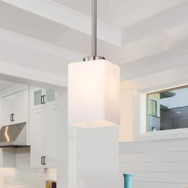 Edvivi 1-Light Brushed Nickel Mini Pendant Light with Square Shaped White Glass Shade