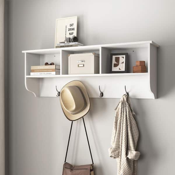White 38.6 in. W x 7.9 in. D Wall-Mounted Coat Rack with Storage Decorative Wall Shelf-Modern Entryway Organizer