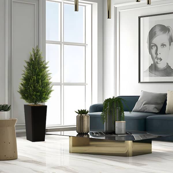 4 ft. Artificial Cedar Tree w/ Black Square Flower Pots for Outdoor/Indoor Potted Fake Topiary Cypress Plants (Set of 2)