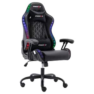 Black Gaming Chair Faux Leather Upholstered with Nonadjustable Arms LED Lamp Ergonomic Reclining High Chairs