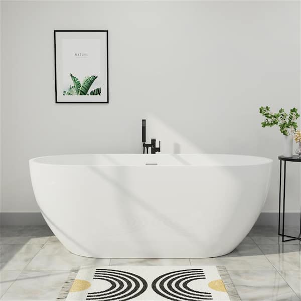 Mokleba Classic 65 in. Acrylic Flatbottom Non Whirlpool Bathtub in White Freestanding Soaking Center Drain Tub