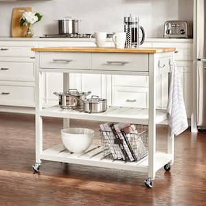 Glenville Grey Rolling Kitchen Cart with Butcher Block Top, Double-Drawer Storage and Open Shelves (36" W)
