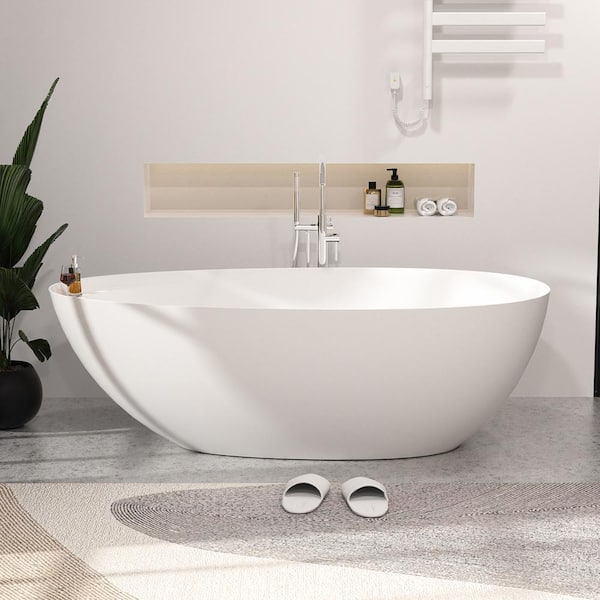 JUNO 67 in. x 33.46 in. Solid Surface Composite Soaking Bathtub with Shampoo Placement Area in White