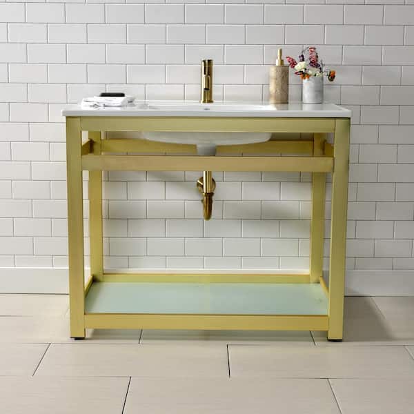 Kingston Brass Quadras Ceramic White Console Sink with Legs in Brushed Brass