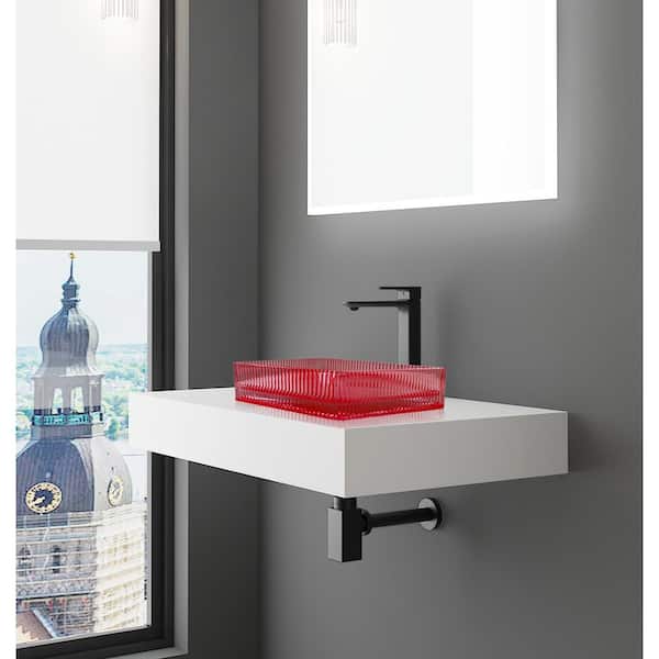 castellousa 30 in. Wall Mounted Bathroom Countertop Shelf in White Solid Surface with Pink Square Glass Vessel Sink