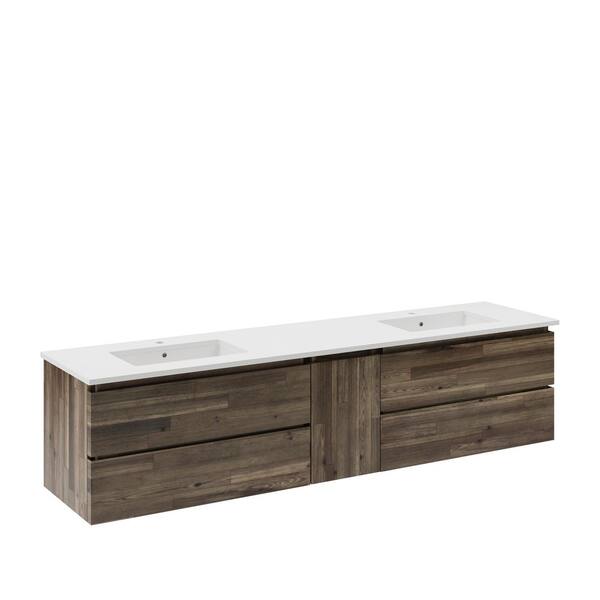 Formosa 84 in. Double Sink Wall Mount Floating Acacia Bath Vanity with White Quartz Top and Undermount Ceramic Sink